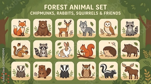 Forest animal set chipmunk hare quail deer friends.