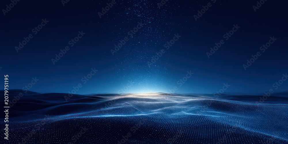 A striking abstract landscape in deep blue with futuristic light effects, showcasing digital waves and a shiny, cosmic surface.