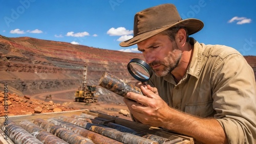 Professional Male Geologist Inspecting Drill Core Rock Sample with Magnifying Glass at Open Pit Iron Ore Mine