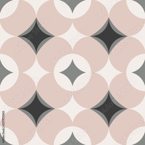 ​Retro geometric seamless pattern with abstract circles and stars in pastel pink, grey, and cream.