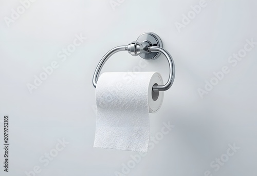 Toilet paper roll on chrome holder, bathroom hygiene