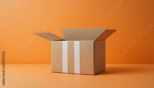 Empty Open Cardboard Box on Orange Background Minimalist Product Packaging Display