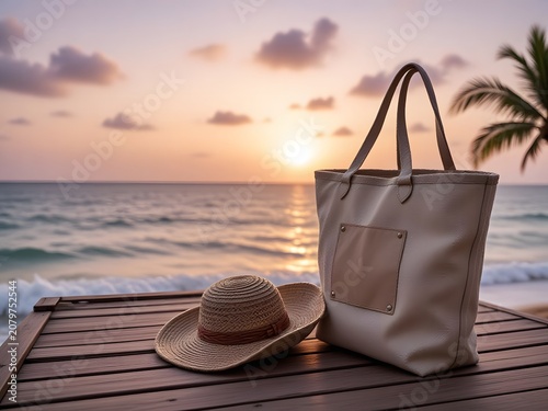 Relaxing beach sunset with straw hat and tote bag on wooden pier