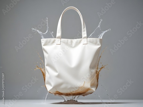 White Canvas Tote Bag Resisting Water and Liquid Splashes in Dynamic Studio Product Photography Shot