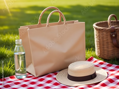 Picnic setup with bag, hat, and bottle on blanket outdoors