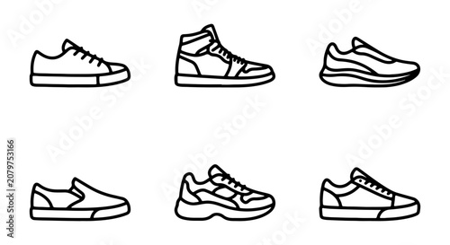 Fotografía Sneaker Icons Set, Footwear Collection Vector Graphics, Casual Shoes Outline Ico