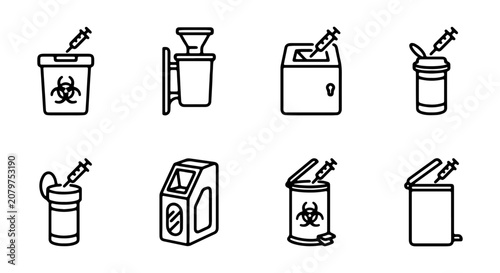Cuadro en lienzo Medical Waste Bins, Sharps Containers, Biohazard Disposal Vector Icons Set