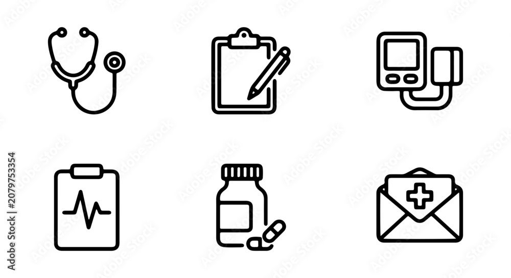 Fototapeta premium Medical Icons Set: Stethoscope, Clipboard, Blood Pressure Monitor, ECG, Pills, Health Mail