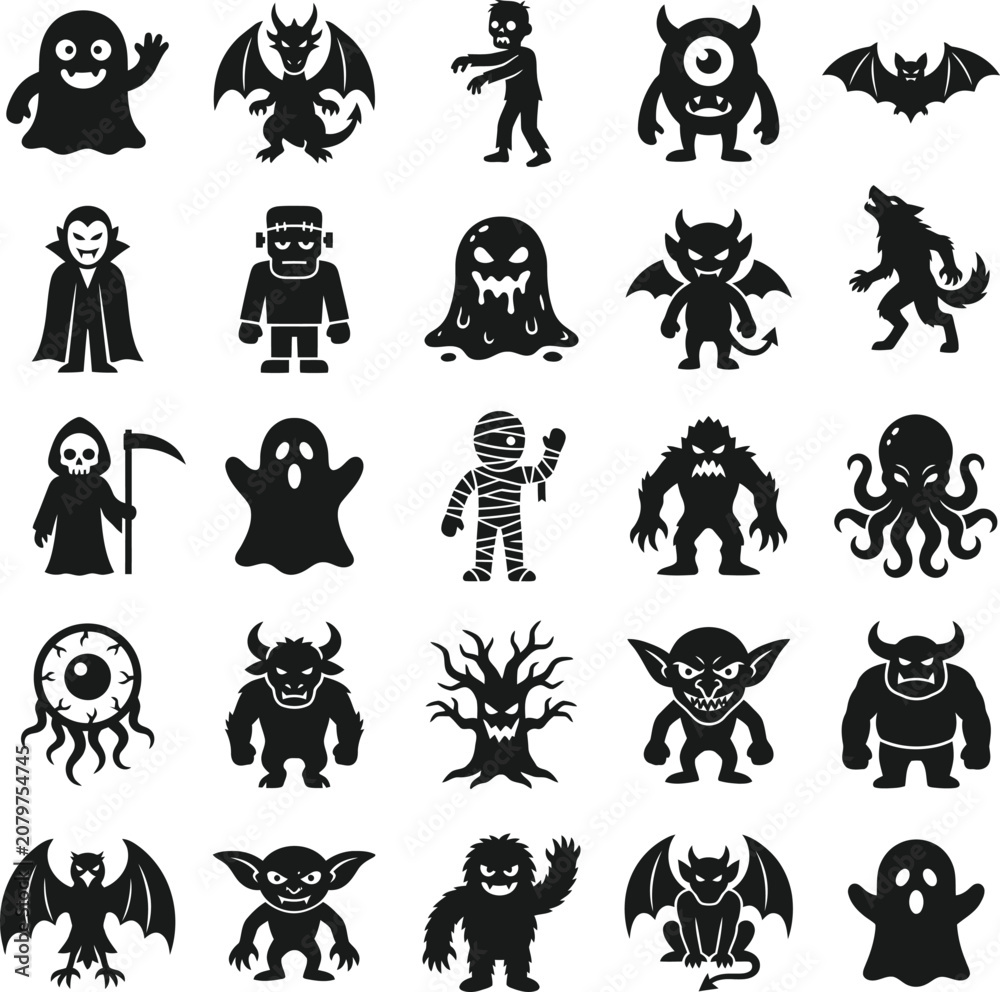Obraz premium Spooky Halloween monsters and creatures in a flat vector illustration with copy space for design