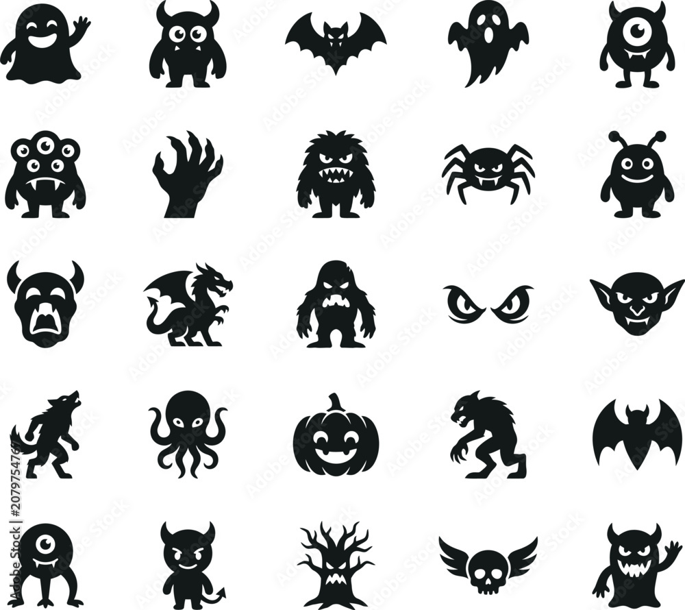 Obraz premium Various Spooky Monsters and Creatures Vector Icons on White Background for Halloween and Fantasy Themes