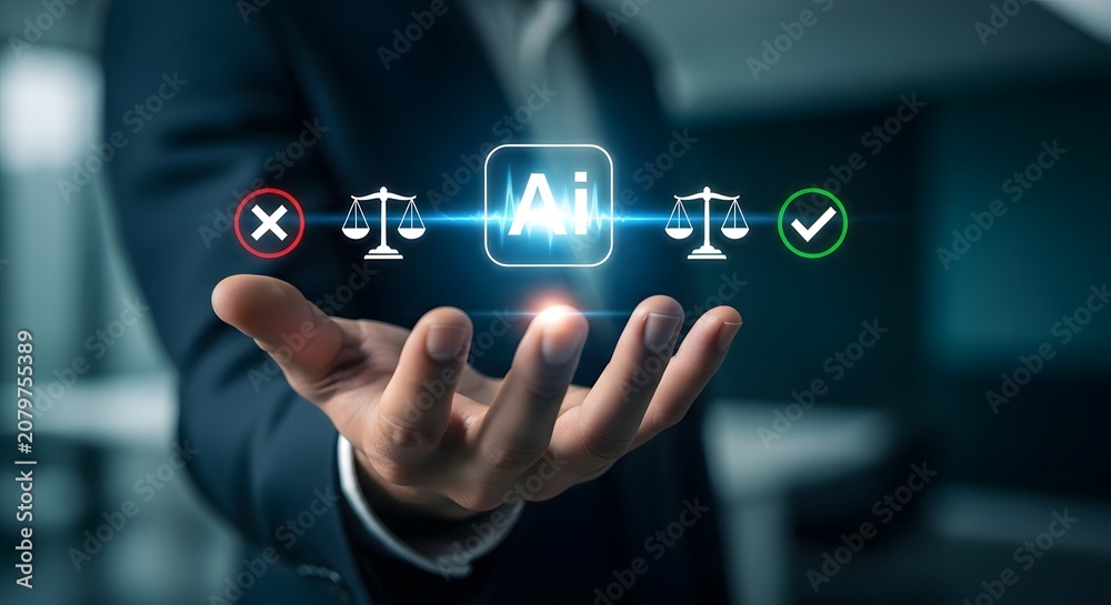 Fototapeta premium Businessman holding artificial intelligence and legal icons
