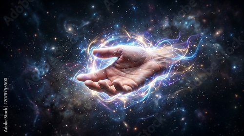 Futuristic spaceship in cosmic nebula flight.