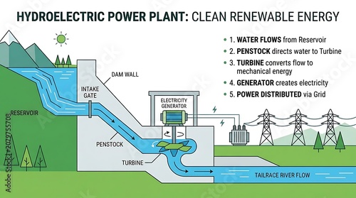 Hydroelectric power plant renewable energy diagram.