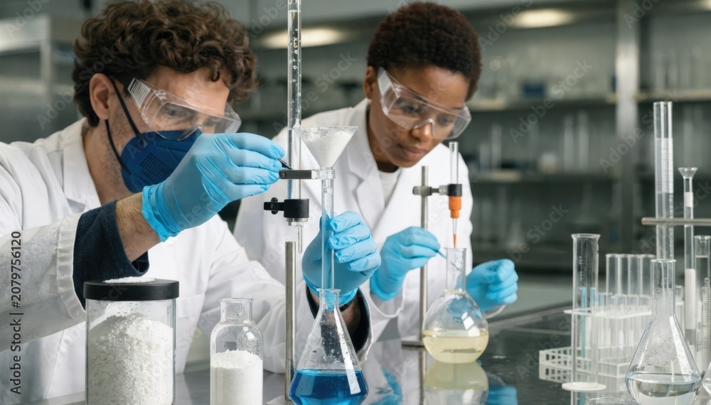 Fototapeta premium Medium shot inside a lime quality control lab showcasing titration setups and precise measurement tools used to evaluate hydrate lime purity and chemical properties.