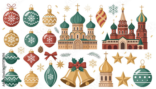 Festive Christmas Baubles, Ornaments, and a Historic Russian Orthodox Cathedral