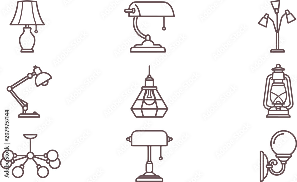 Naklejka premium Collection of lamp and lighting fixture in a clean line style on a white background, for interior and, home decoration