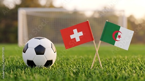 Close-up of soccer ball on grass field with Swiss and Algerian flags, outdoor sports scene