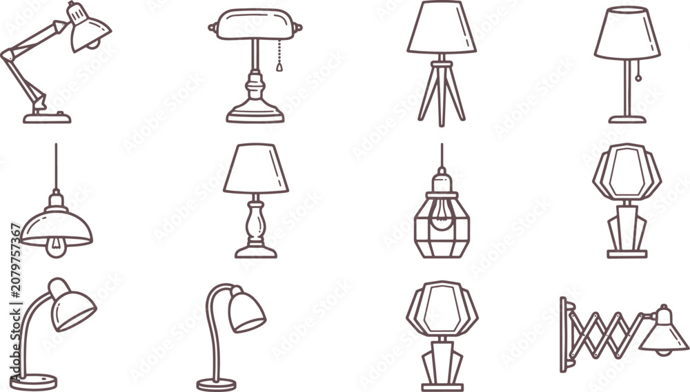 Naklejka premium Set of twelve vintage lamp and lighting featuring various desk lamps, floor lamps, pendant lights, and wall sconces in line style