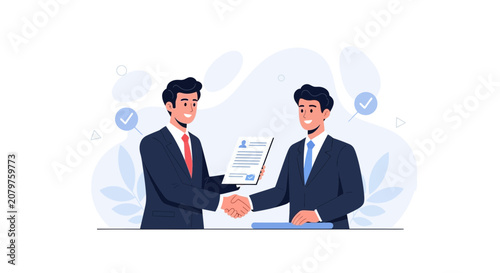 Businessmen shaking hands over contract agreement, teamwork and partnership concept, vector illustration