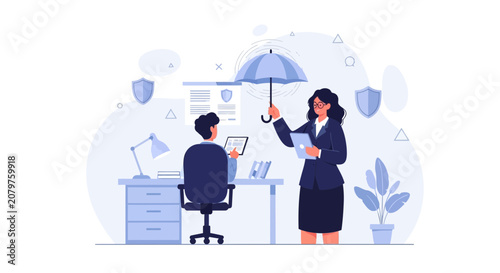 Businesswoman holding umbrella protecting employee and documents, symbolizing insurance, security, and support in the workplace.