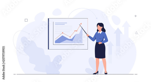 Businesswoman presenting a rising financial graph on a whiteboard, illustrating growth and success in a modern flat vector style.