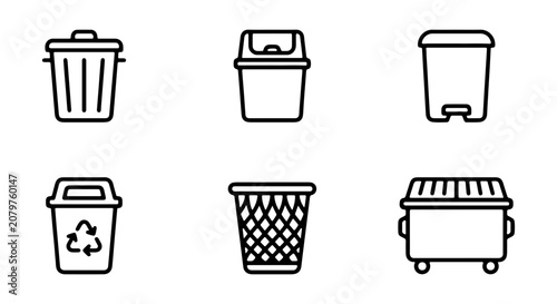 Trash Can Icons, Waste Bin Vector Set, Recycling Container Graphics, Garbage Disposal Symbols