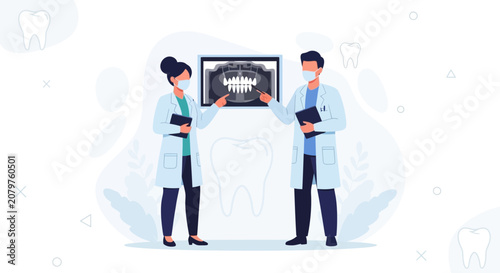 Dentists examining dental X-ray with patient chart, vector illustration
