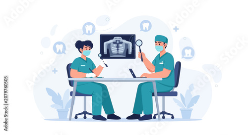 Dentists analyzing X-ray and patient data on laptop, medical consultation and dental care concept, flat vector illustration