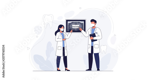 Dentists reviewing dental X-ray image together, modern flat illustration with dental elements