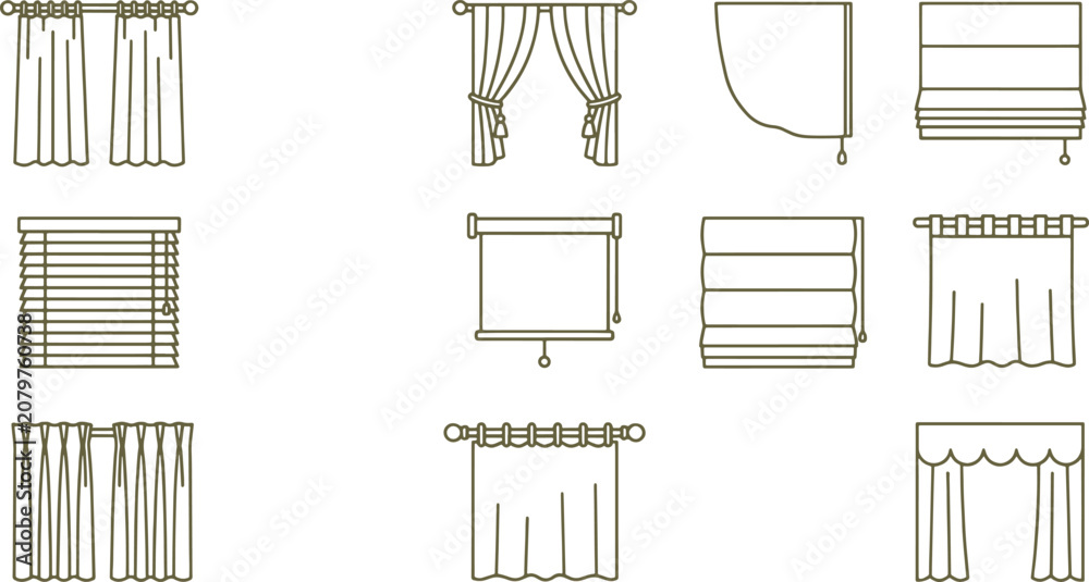 Obraz premium Set of eleven window treatment including various curtain styles, roman blinds, venetian blinds, and roller shades in brown line