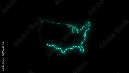 Neon glowing US map icon animation on black background, map neon animation 4k video, Country United States country map outline animated motion design
