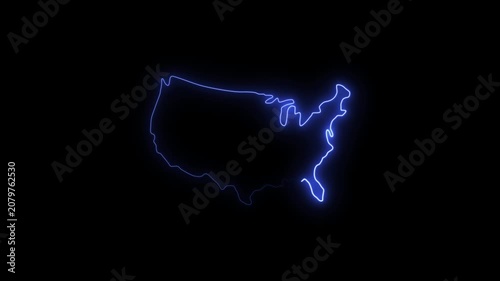 Neon glowing US map icon animation on black background, map neon animation 4k video, Country United States country map outline animated motion design
