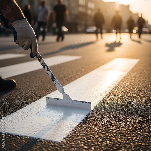 Hardworking Painter Rolling White Line Paint on Street at Sunset