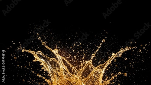 Golden liquid splash with water droplets on black background
