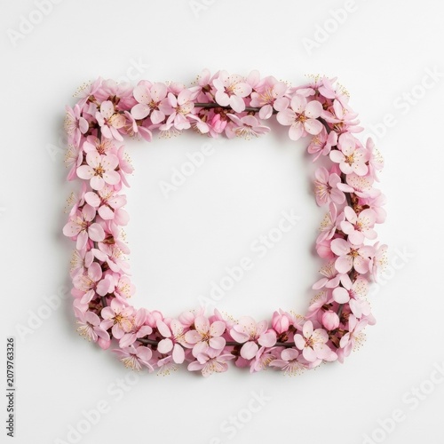 Square frame made of pink cherry blossoms and spring flower buds on branches over a white background, minimalist floral border with central copy space for text and graphic art.