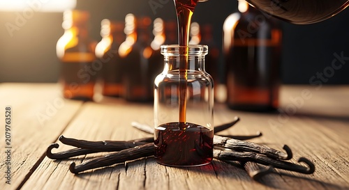 Dark Rich Syrup Pouring Into Small Glass Bottle on Rustic Wooden Table