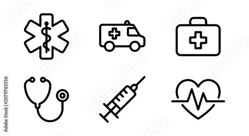 Medical Icons Set: Ambulance, Stethoscope, Syringe, First Aid, Heartbeat, Star of Life