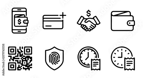 Financial Icons Set: Mobile Payment, Credit Card, Handshake, Wallet, QR Code, Security, Time, Invoice
