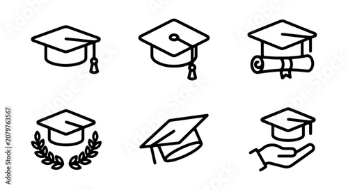 Graduation Caps and Diplomas Icons, Academic Achievement Symbols, Education Vector Set