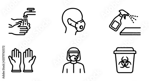 Hygiene and Safety Icons: Face Mask, Gloves, Hand Washing, Disinfection, PPE