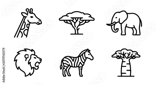African Safari Icons: Giraffe, Elephant, Lion, Zebra, Trees Vector Set
