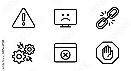 Warning Icons Set, Error Symbols, Broken Link, System Failure, Stop Sign, Vector Graphics