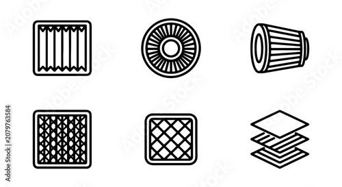 Automotive Air Filter Icons, Engine Parts Set, Mechanical Components Collection
