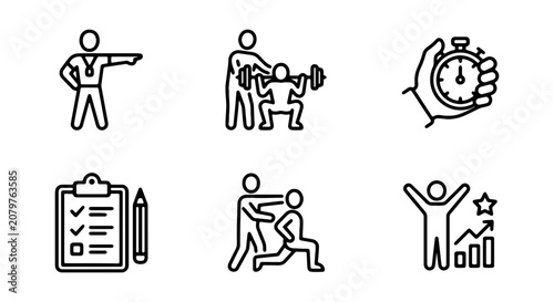 Fitness Coach Icons, Personal Training Set, Workout Progress Symbols, Health Goals Vector