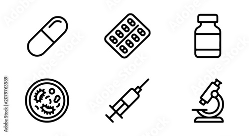 Medical Icons Set: Pills, Syringe, Microscope, Bacteria, Pharmacy Bottle, Blister Pack