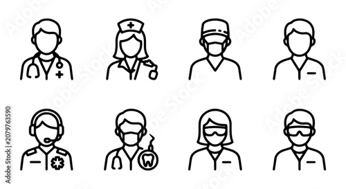 Medical Professionals Icons Set: Doctor, Nurse, Surgeon, Dentist, EMT Vector Graphics