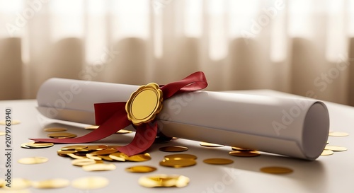 Elegant White Diploma Scroll with Red Ribbon and Gold Seal on Table
