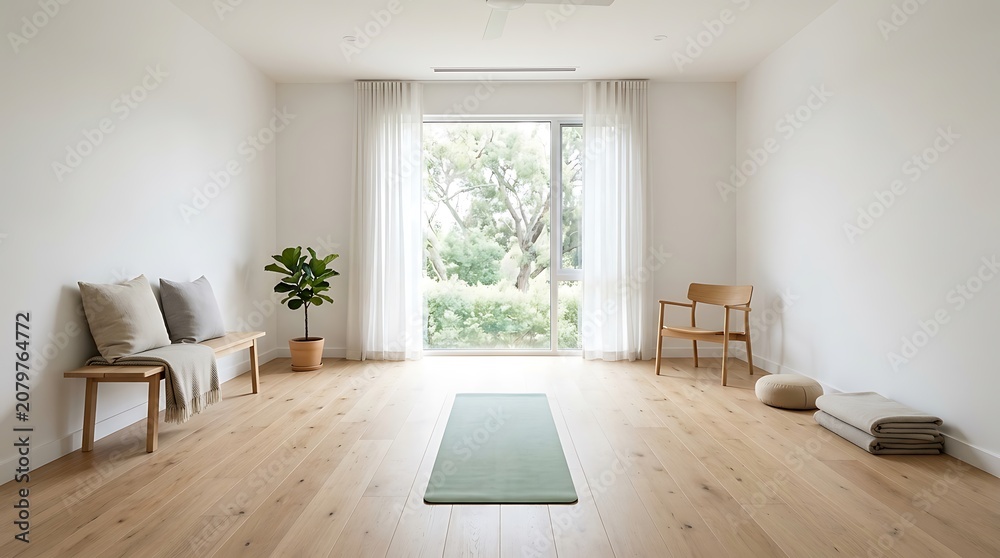 Fototapeta premium A serene yoga room with a green mat on a wooden floor, surrounded by a chair, cushions, and a plant near a large window overlooking trees outside.