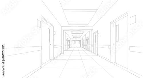 Valokuva Long empty hospital corridor with multiple doors on both sides.