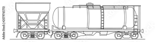 Industrial railway tanker and hopper cars for bulk liquid and grain transport logistics and chemical shipping supply chain illustration for heavy industry and petrochemical rail freight professional